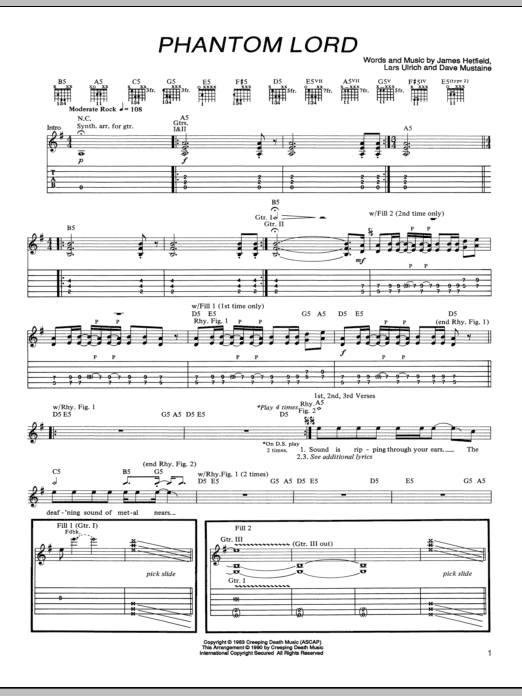 Metallica Phantom Lord Sheet Music Notes & Chords for Lyrics & Chords - Download or Print PDF