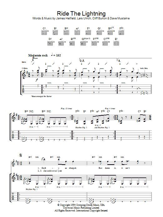 Metallica Ride The Lightning Sheet Music Notes & Chords for Lyrics & Chords - Download or Print PDF