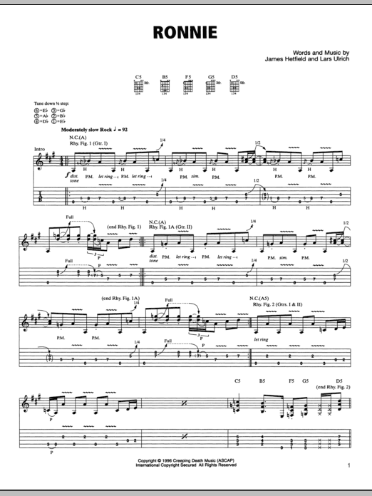 Metallica Ronnie Sheet Music Notes & Chords for Bass Guitar Tab - Download or Print PDF