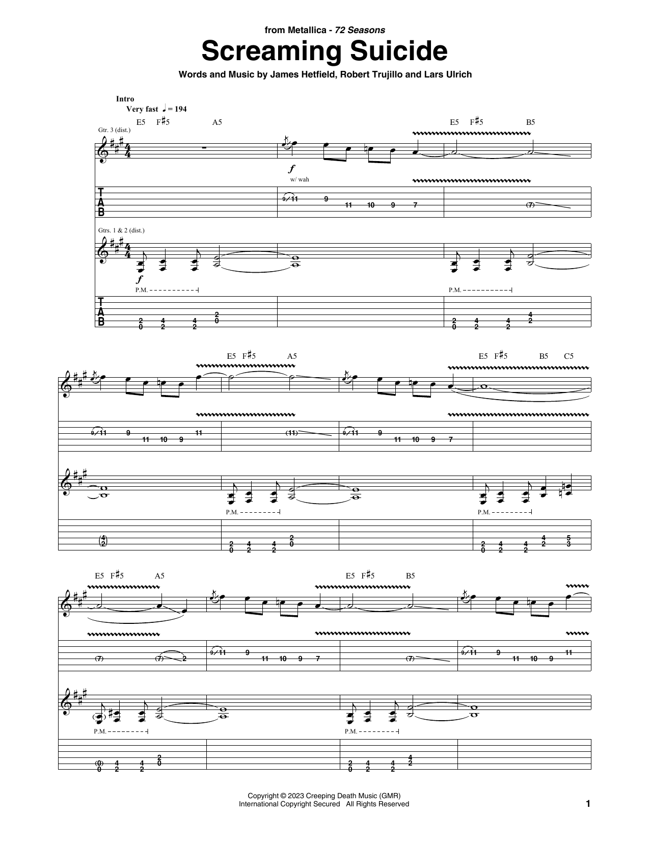 Metallica Screaming Suicide Sheet Music Notes & Chords for Guitar Tab - Download or Print PDF