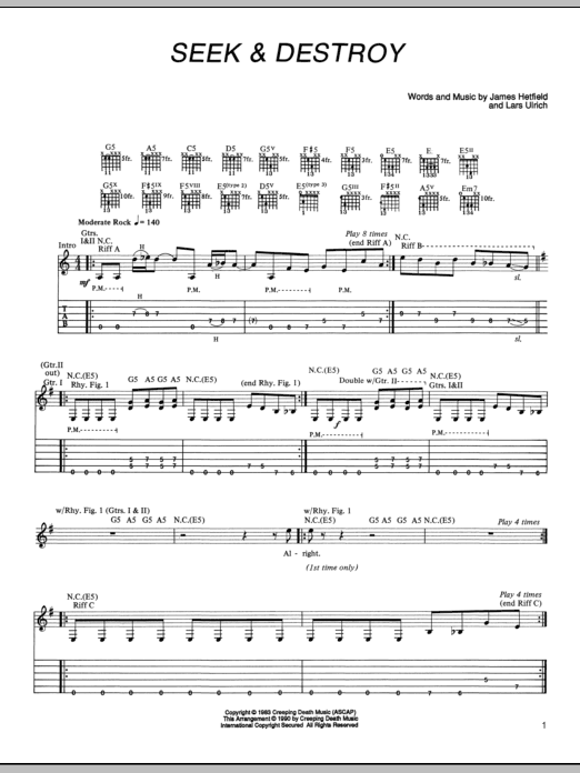 Metallica Seek & Destroy Sheet Music Notes & Chords for Piano, Vocal & Guitar (Right-Hand Melody) - Download or Print PDF