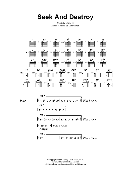 Metallica Seek And Destroy Sheet Music Notes & Chords for Guitar Chords/Lyrics - Download or Print PDF