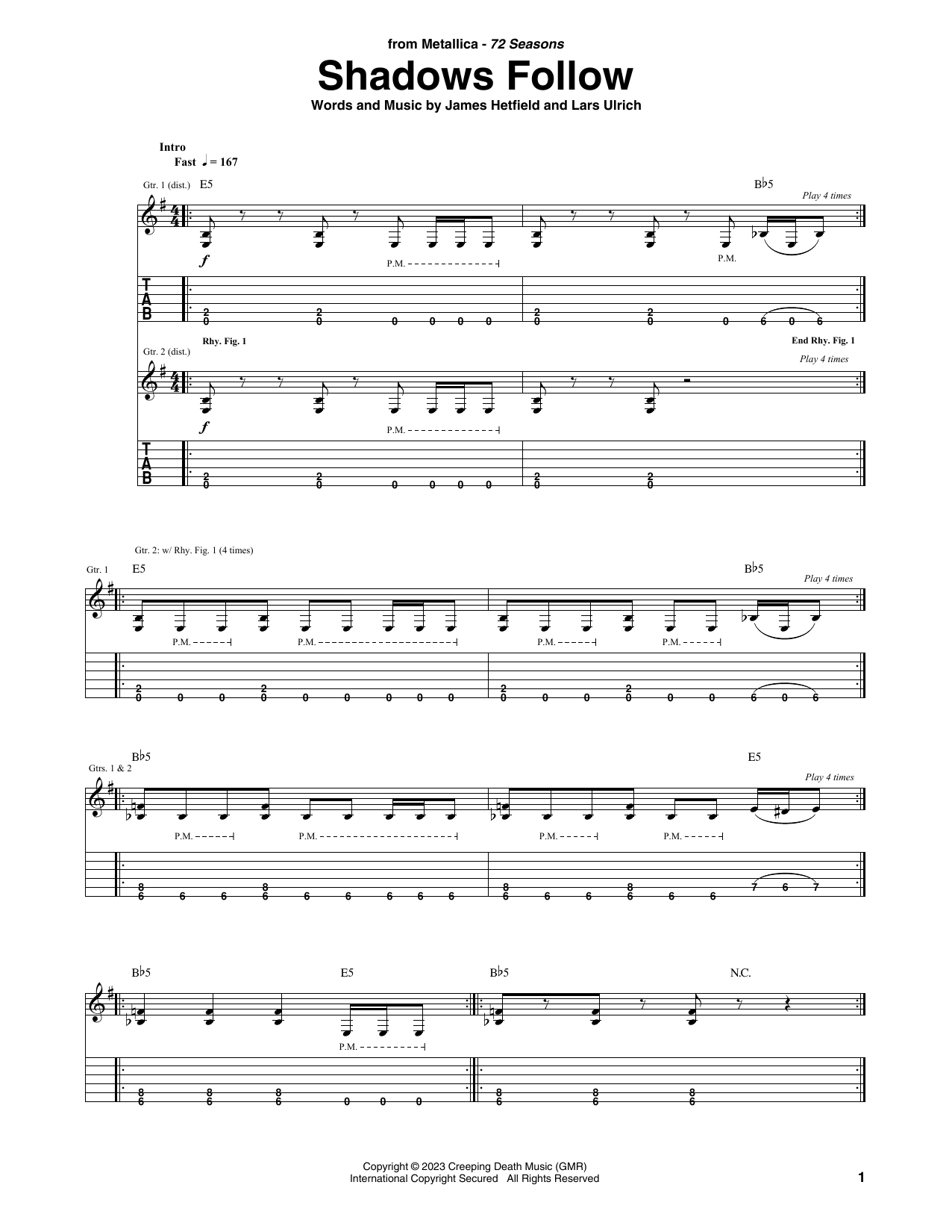 Metallica Shadows Follow Sheet Music Notes & Chords for Guitar Tab - Download or Print PDF