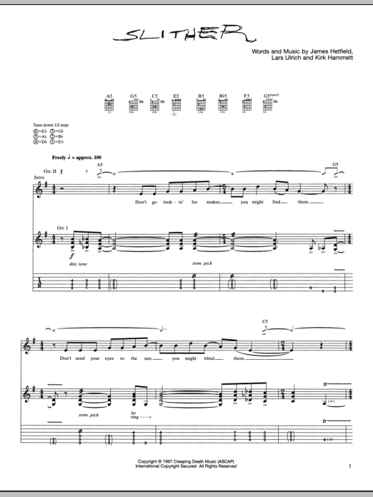 Metallica Slither Sheet Music Notes & Chords for Lyrics & Chords - Download or Print PDF