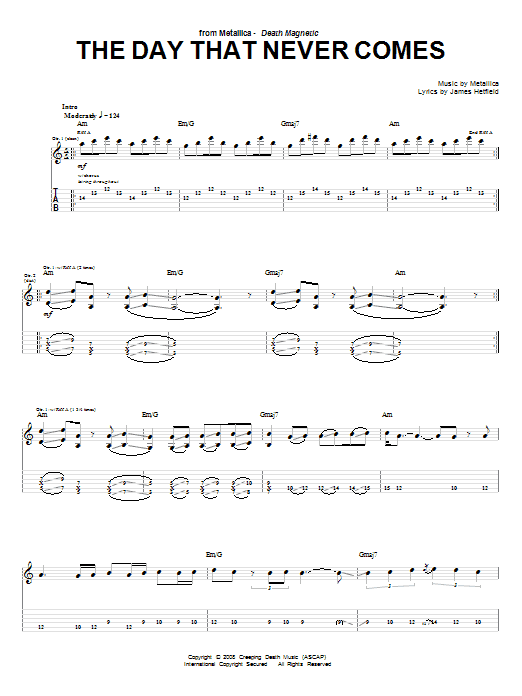 Metallica The Day That Never Comes Sheet Music Notes & Chords for Bass Guitar Tab - Download or Print PDF