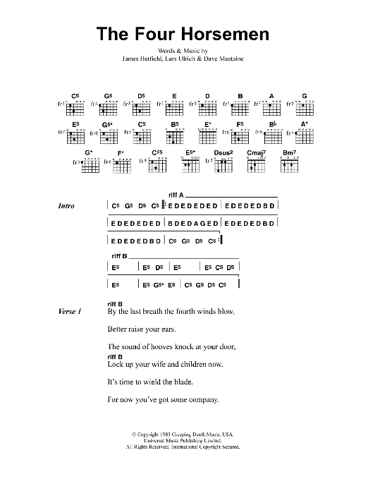 Metallica The Four Horsemen Sheet Music Notes & Chords for Bass Guitar Tab - Download or Print PDF