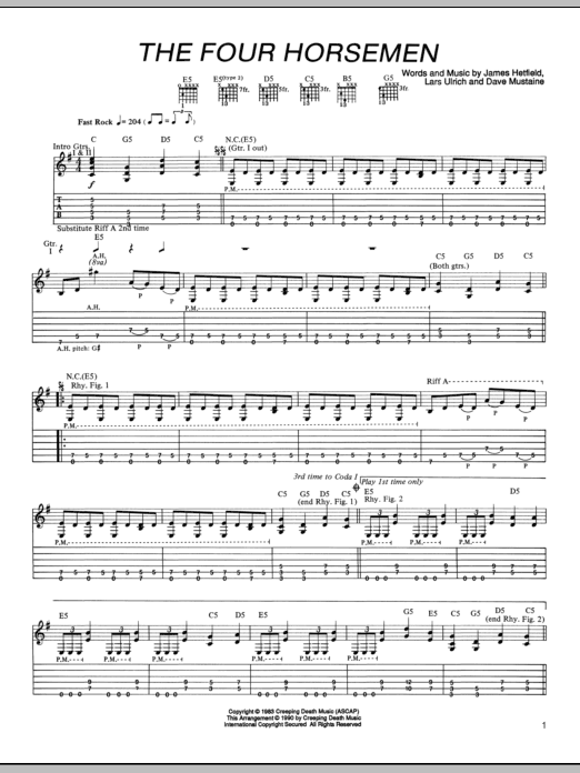 Metallica The Four Horsemen Sheet Music Notes & Chords for Guitar Tab - Download or Print PDF