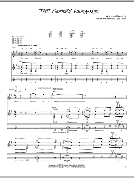 Metallica The Memory Remains Sheet Music Notes & Chords for Lyrics & Chords - Download or Print PDF