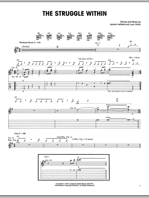 Metallica The Struggle Within Sheet Music Notes & Chords for Lyrics & Chords - Download or Print PDF