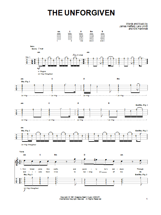 Metallica The Unforgiven Sheet Music Notes & Chords for Lyrics & Chords - Download or Print PDF