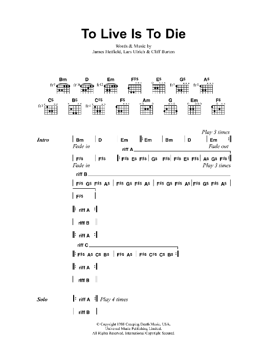 Metallica To Live Is To Die Sheet Music Notes & Chords for Bass Guitar Tab - Download or Print PDF