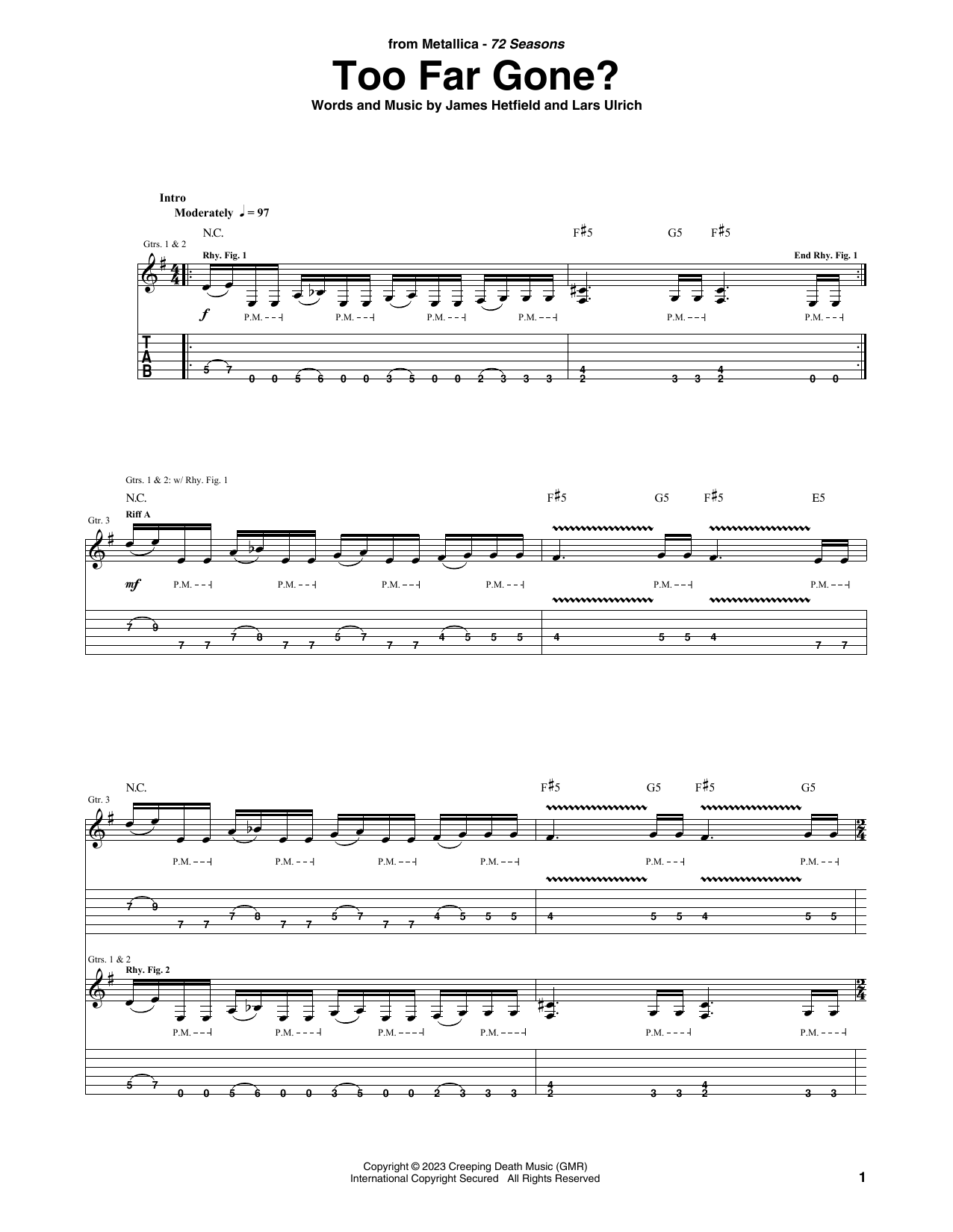 Metallica Too Far Gone? Sheet Music Notes & Chords for Guitar Tab - Download or Print PDF