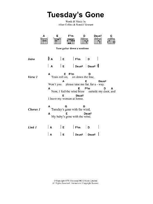 Metallica Tuesday's Gone Sheet Music Notes & Chords for Lyrics & Chords - Download or Print PDF