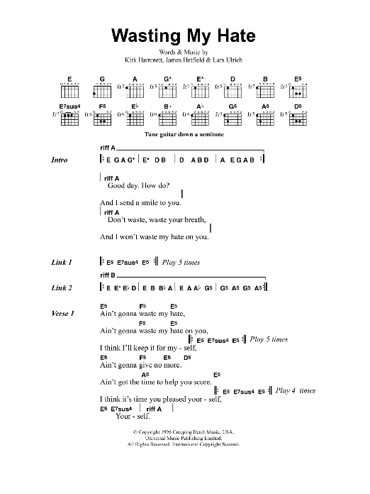 Metallica Wasting My Hate Sheet Music Notes & Chords for Lyrics & Chords - Download or Print PDF