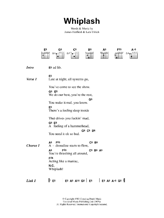 Metallica Whiplash Sheet Music Notes & Chords for Bass Guitar Tab - Download or Print PDF