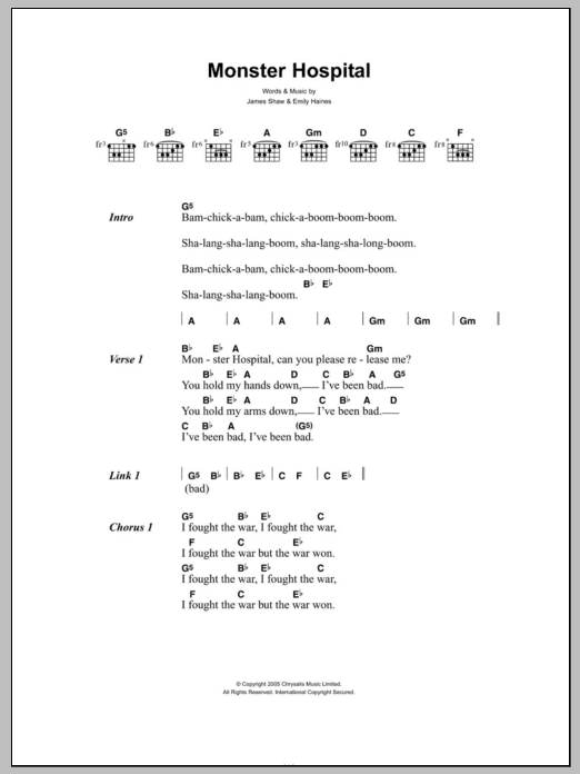 Metric Monster Hospital Sheet Music Notes & Chords for Lyrics & Chords - Download or Print PDF