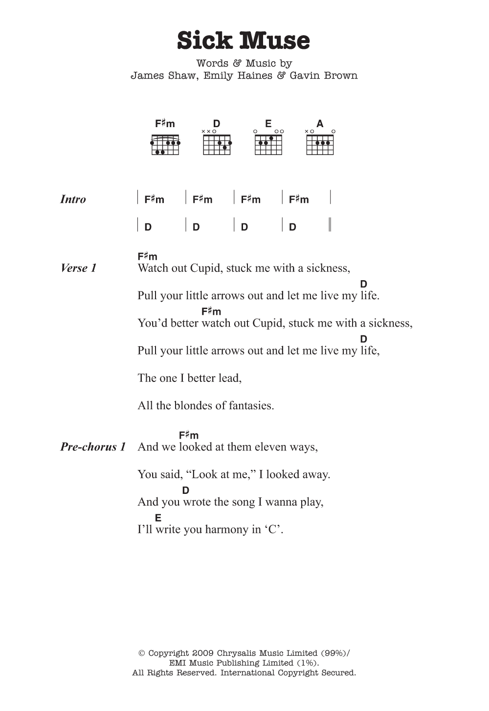 Metric Sick Muse Sheet Music Notes & Chords for Lyrics & Chords - Download or Print PDF