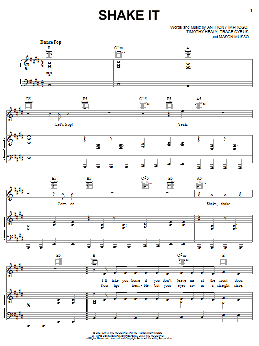Metro Station Shake It Sheet Music Notes & Chords for Piano, Vocal & Guitar (Right-Hand Melody) - Download or Print PDF