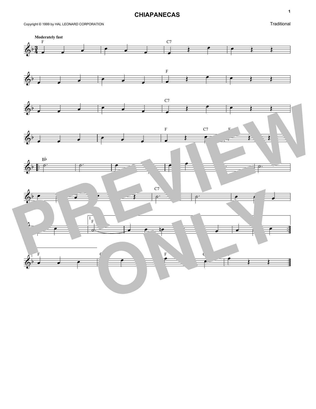 Mexican Folk Song Chiapanecas Sheet Music Notes & Chords for Melody Line, Lyrics & Chords - Download or Print PDF