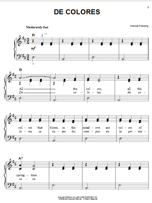 Mexican Folksong De Colores Sheet Music Notes & Chords for Easy Piano - Download or Print PDF Mexican Folksong De Colores Sheet Music Notes & Chords for Easy Piano - Download or Print PDF