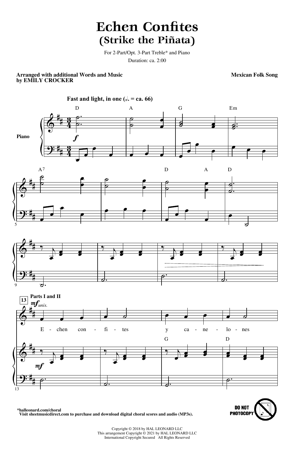 Mexican Folk Song Echen Confites (Strike the Piñata) (arr. Emily Crocker) Sheet Music Notes & Chords for 2-Part Choir, 3-Part Mixed Choir - Download or Print PDF