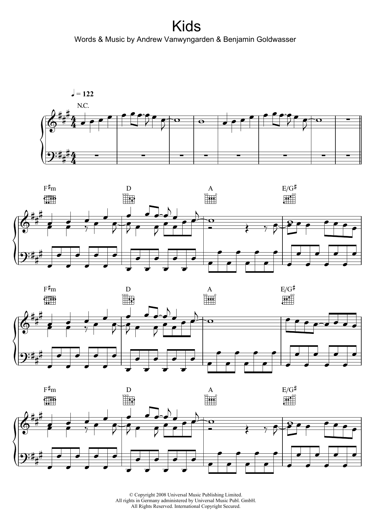 MGMT Kids Sheet Music Notes & Chords for Lyrics & Piano Chords - Download or Print PDF