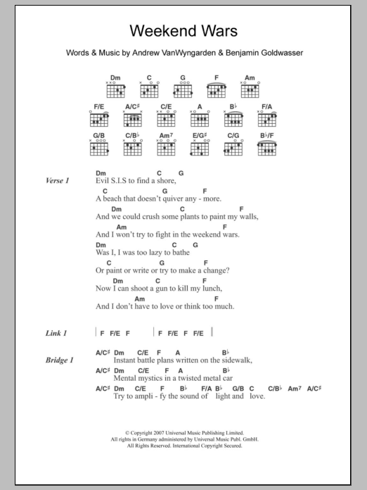 MGMT Weekend Wars Sheet Music Notes & Chords for Lyrics & Chords - Download or Print PDF