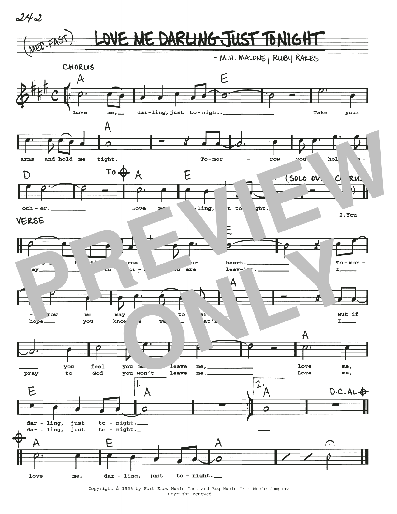 M.H. Malone Love Me Darling Just Tonight Sheet Music Notes & Chords for Real Book – Melody, Lyrics & Chords - Download or Print PDF