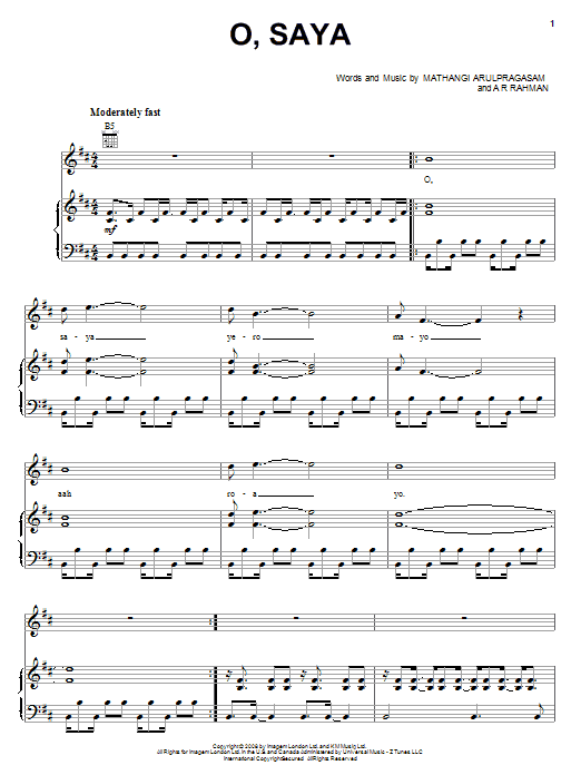 M.I.A. O, Saya Sheet Music Notes & Chords for Piano, Vocal & Guitar (Right-Hand Melody) - Download or Print PDF