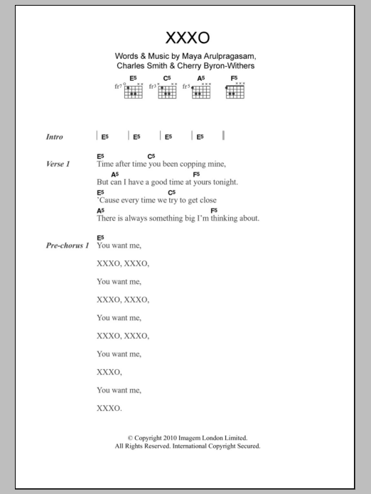 M.I.A. XXXO Sheet Music Notes & Chords for Lyrics & Chords - Download or Print PDF