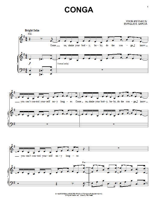 Miami Sound Machine Conga Sheet Music Notes & Chords for Piano, Vocal & Guitar (Right-Hand Melody) - Download or Print PDF