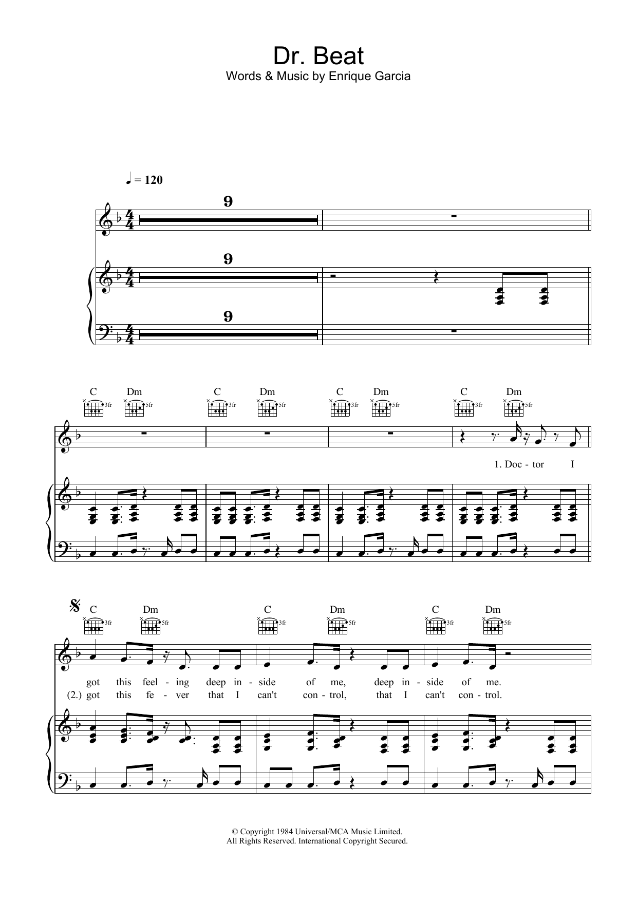 Miami Sound Machine Dr. Beat Sheet Music Notes & Chords for Piano, Vocal & Guitar (Right-Hand Melody) - Download or Print PDF