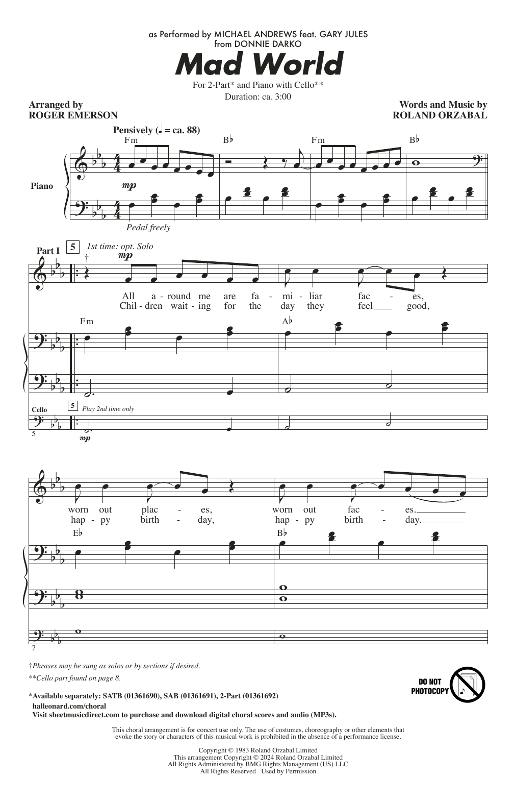 Michael Andrews Feat. Gary Jules Mad World (arr. Roger Emerson) Sheet Music Notes & Chords for SAB Choir - Download or Print PDF