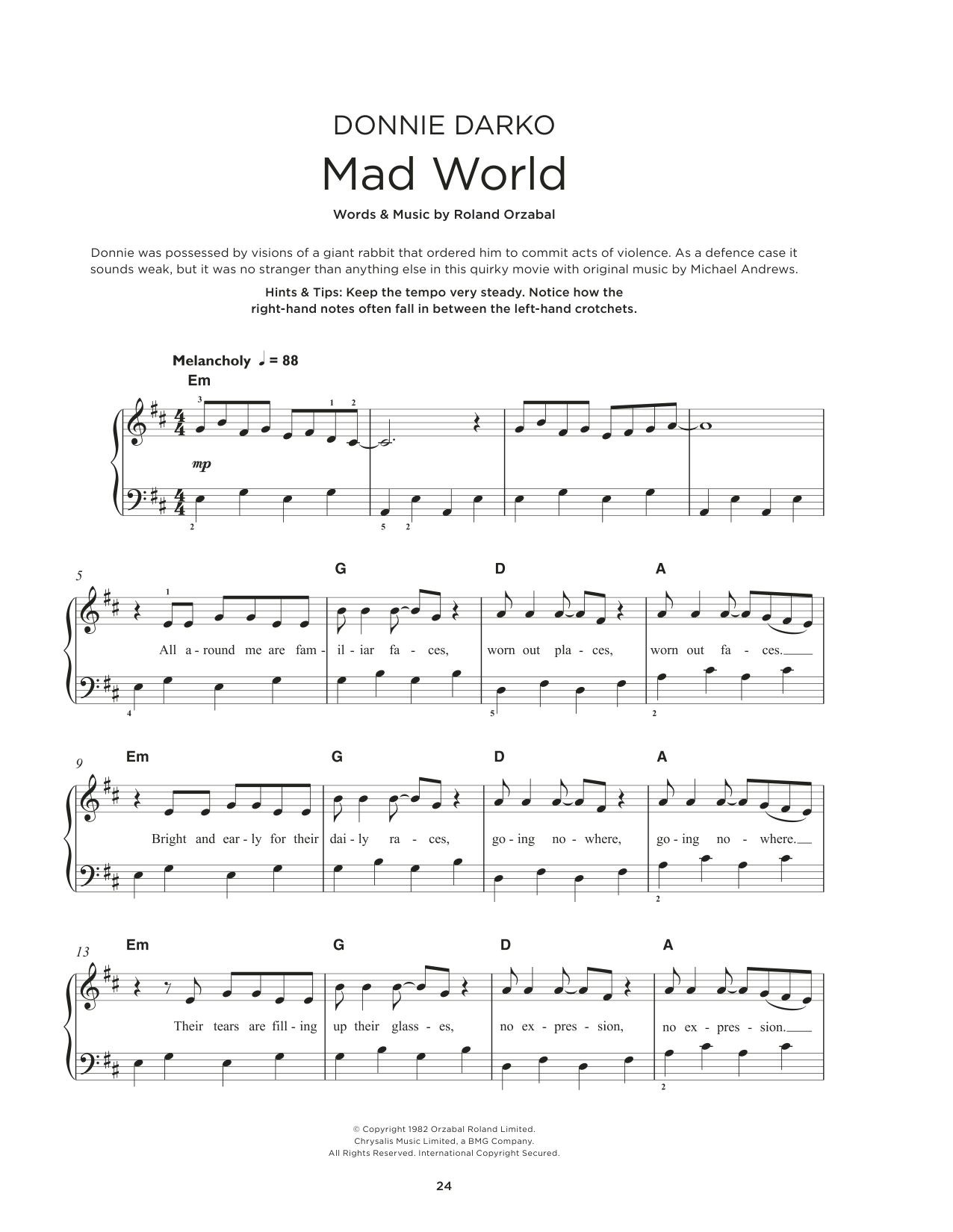 Michael Andrews Mad World (feat. Gary Jules) Sheet Music Notes & Chords for Really Easy Piano - Download or Print PDF