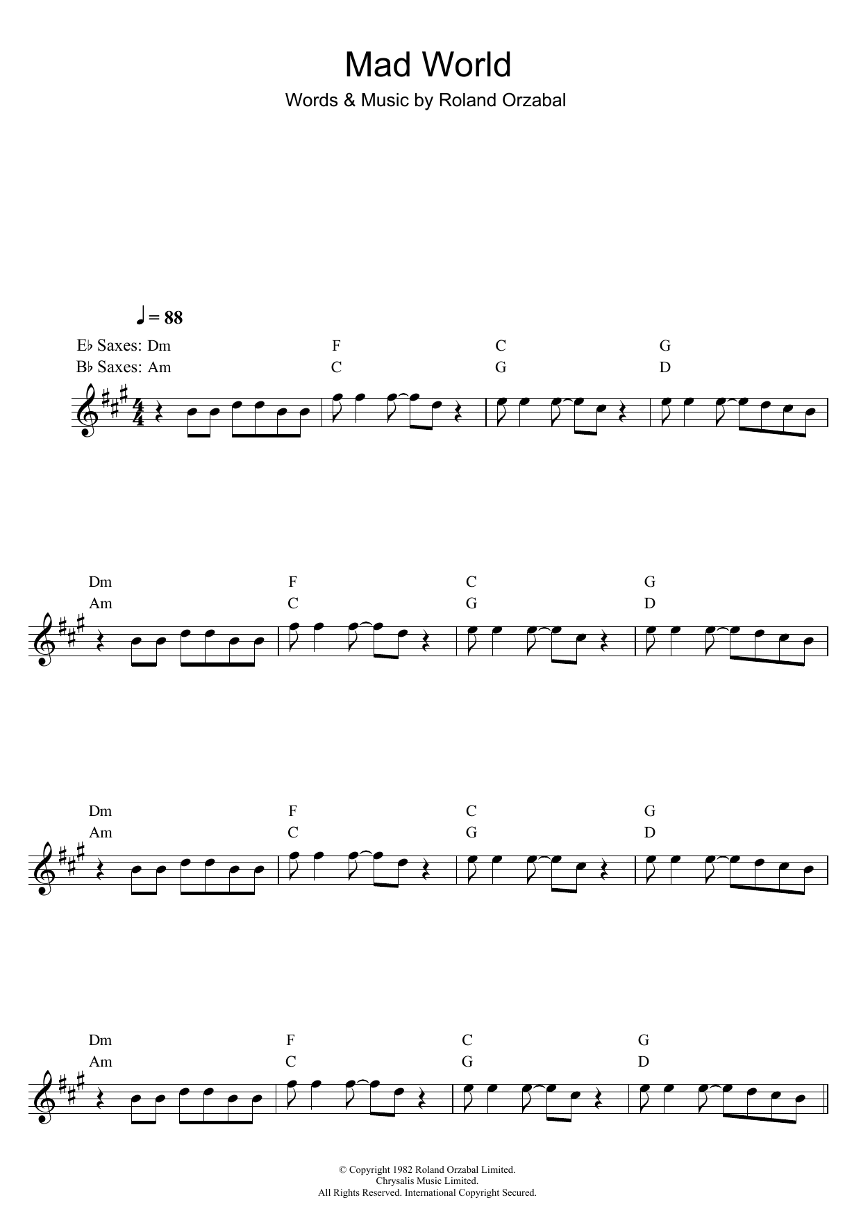 Michael Andrews Mad World (from Donnie Darko) Sheet Music Notes & Chords for Alto Saxophone - Download or Print PDF