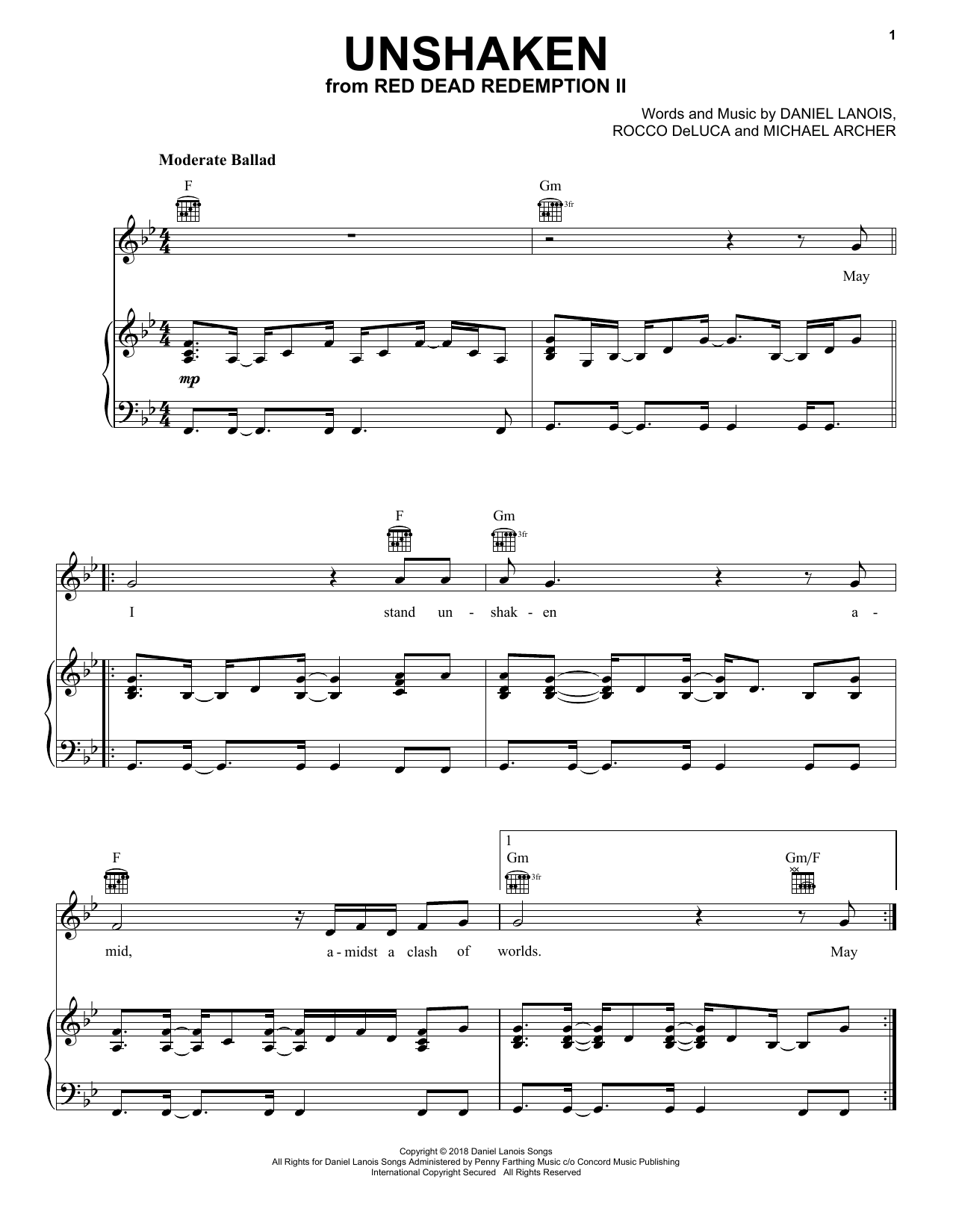 Michael Archer Unshaken (from Red Dead Redemption 2) Sheet Music Notes & Chords for Piano, Vocal & Guitar (Right-Hand Melody) - Download or Print PDF