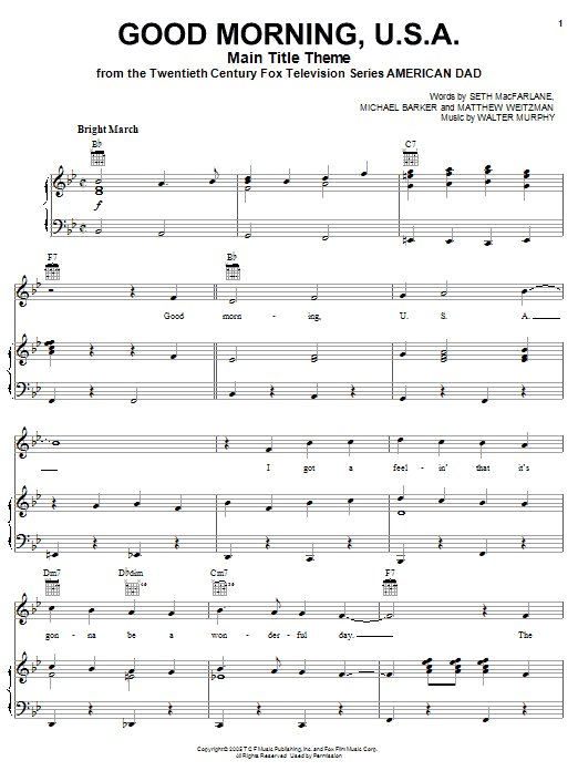 Michael Barker American Dad - Main Title Theme (Good Morning U.S.A.) Sheet Music Notes & Chords for Piano, Vocal & Guitar (Right-Hand Melody) - Download or Print PDF