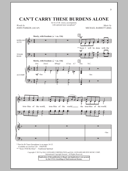 Michael Barrett Can't Carry These Burdens Alone Sheet Music Notes & Chords for Choral - Download or Print PDF
