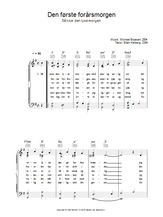 Michael Bojesen Den Første Forårsmorgenmorgen - Så Kom Den Lyse Morgen Sheet Music Notes & Chords for Piano, Vocal & Guitar (Right-Hand Melody) - Download or Print PDF