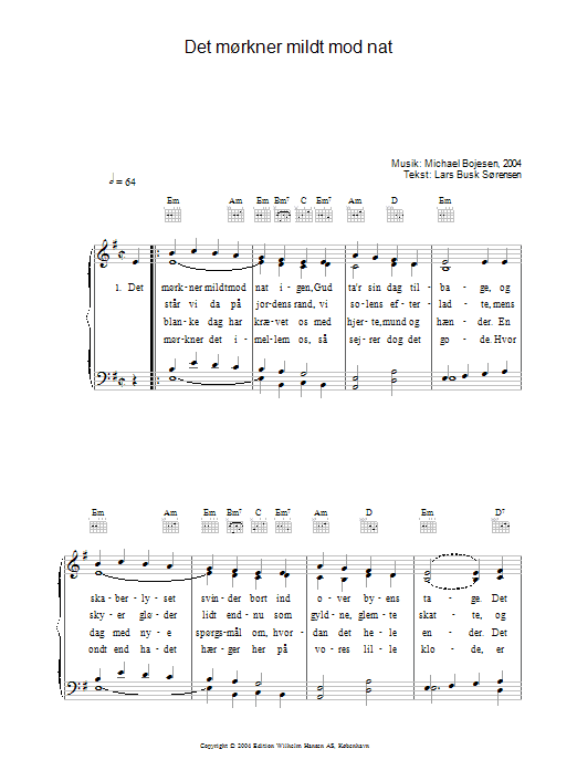 Michael Bojesen Det Mørkner Mildt Mod Nat Sheet Music Notes & Chords for Piano, Vocal & Guitar (Right-Hand Melody) - Download or Print PDF