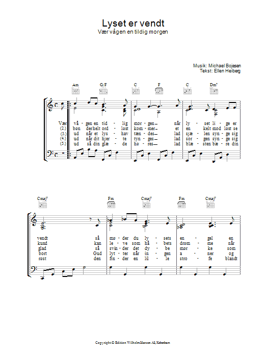 Michael Bojesen Lyset Er Vendt Sheet Music Notes & Chords for Piano, Vocal & Guitar (Right-Hand Melody) - Download or Print PDF