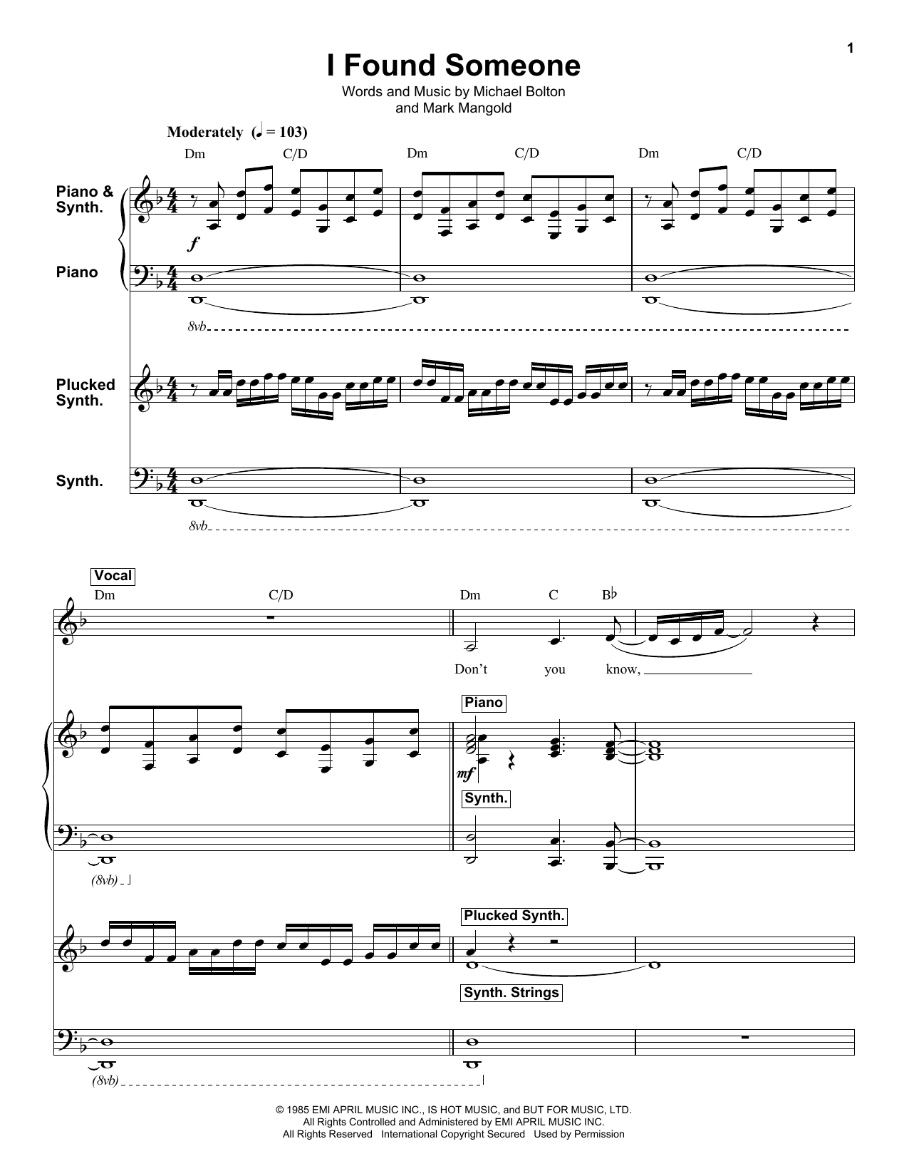 Michael Bolton I Found Someone Sheet Music Notes & Chords for Keyboard Transcription - Download or Print PDF