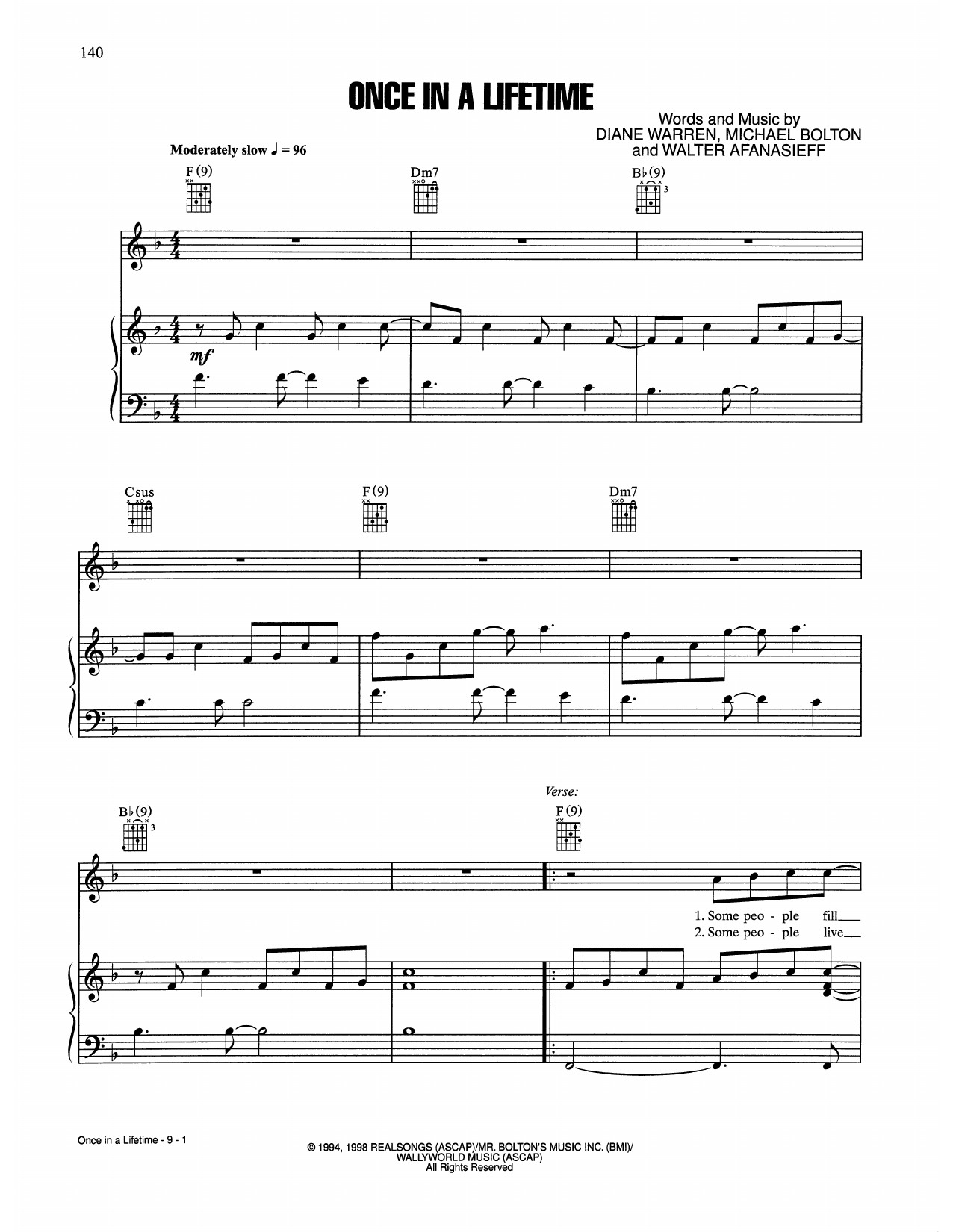 Michael Bolton Once In A Lifetime Sheet Music Notes & Chords for Piano, Vocal & Guitar Chords (Right-Hand Melody) - Download or Print PDF