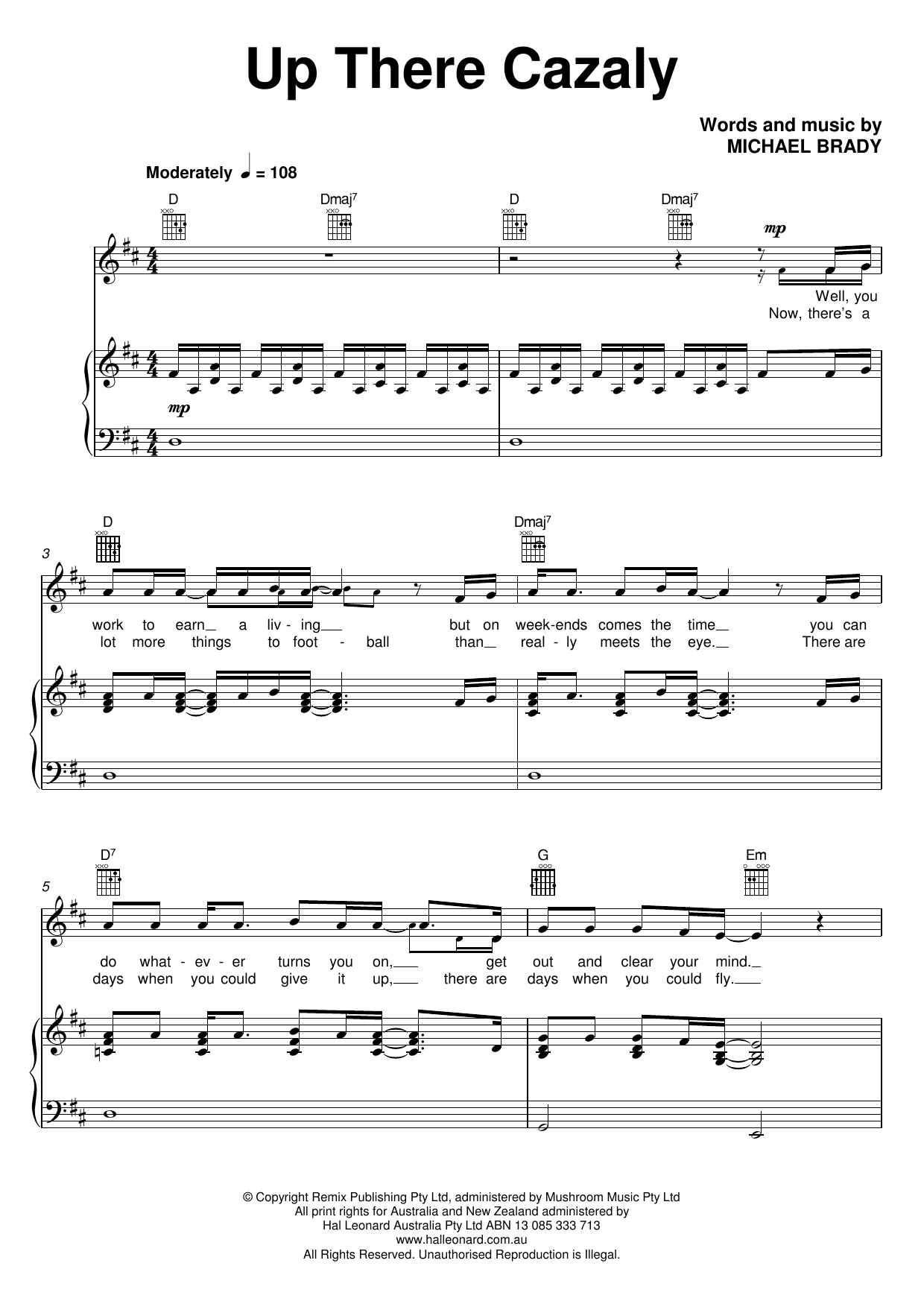 Michael Brady Up There Cazaly Sheet Music Notes & Chords for Piano, Vocal & Guitar (Right-Hand Melody) - Download or Print PDF