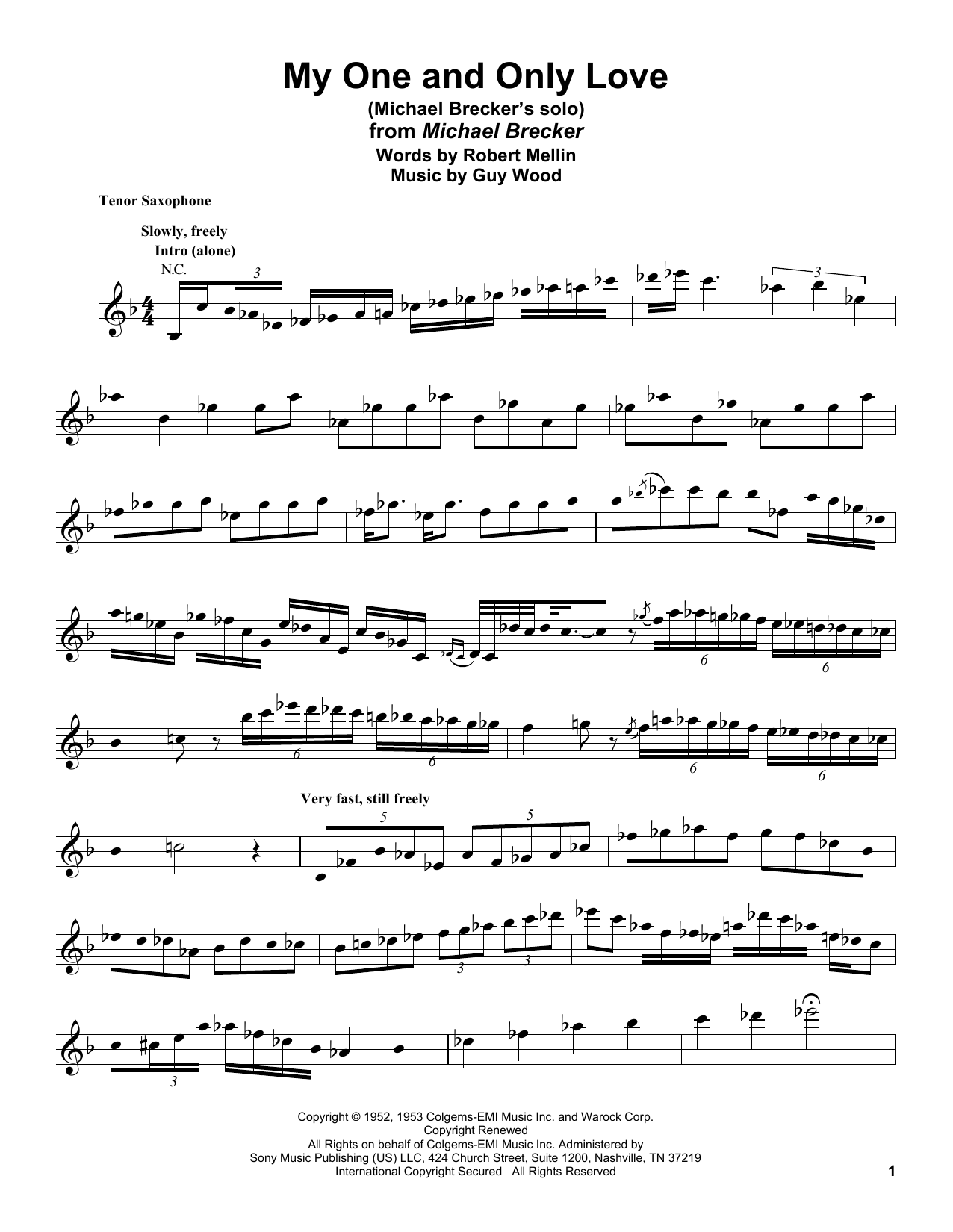 Michael Brecker My One And Only Love Sheet Music Notes & Chords for Tenor Sax Transcription - Download or Print PDF
