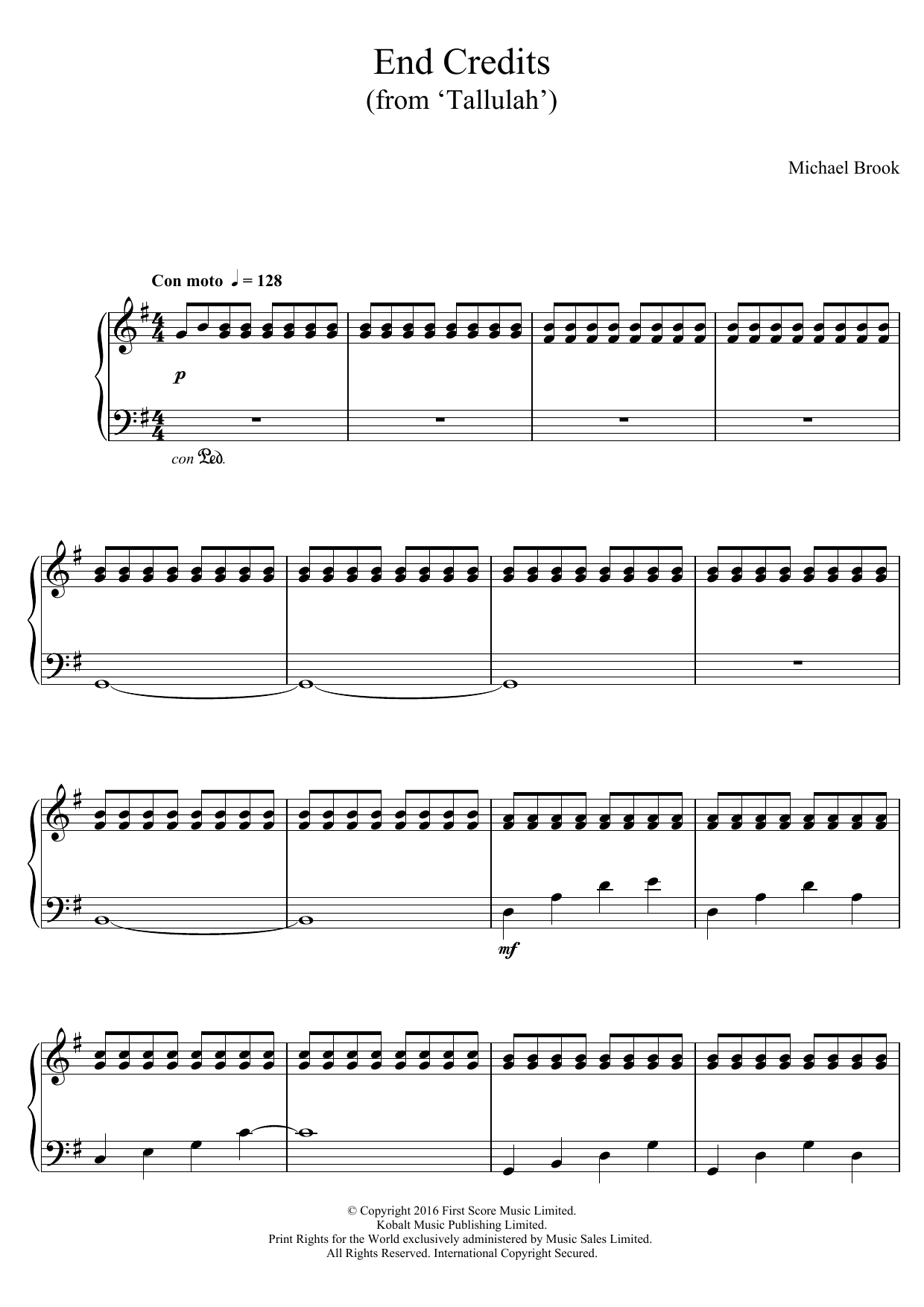 Michael Brook End Credits (from 'Tallulah') Sheet Music Notes & Chords for Piano - Download or Print PDF