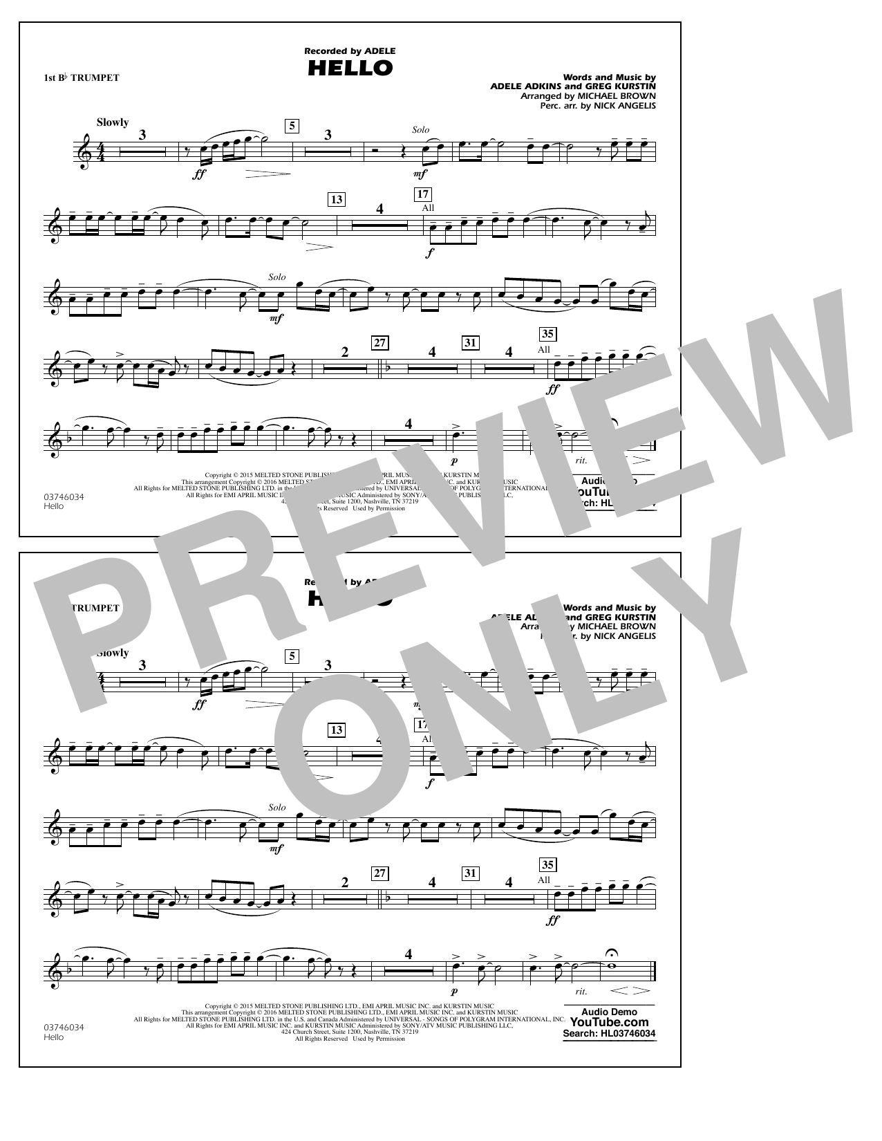 Michael Brown Hello - 1st Bb Trumpet Sheet Music Notes & Chords for Marching Band - Download or Print PDF