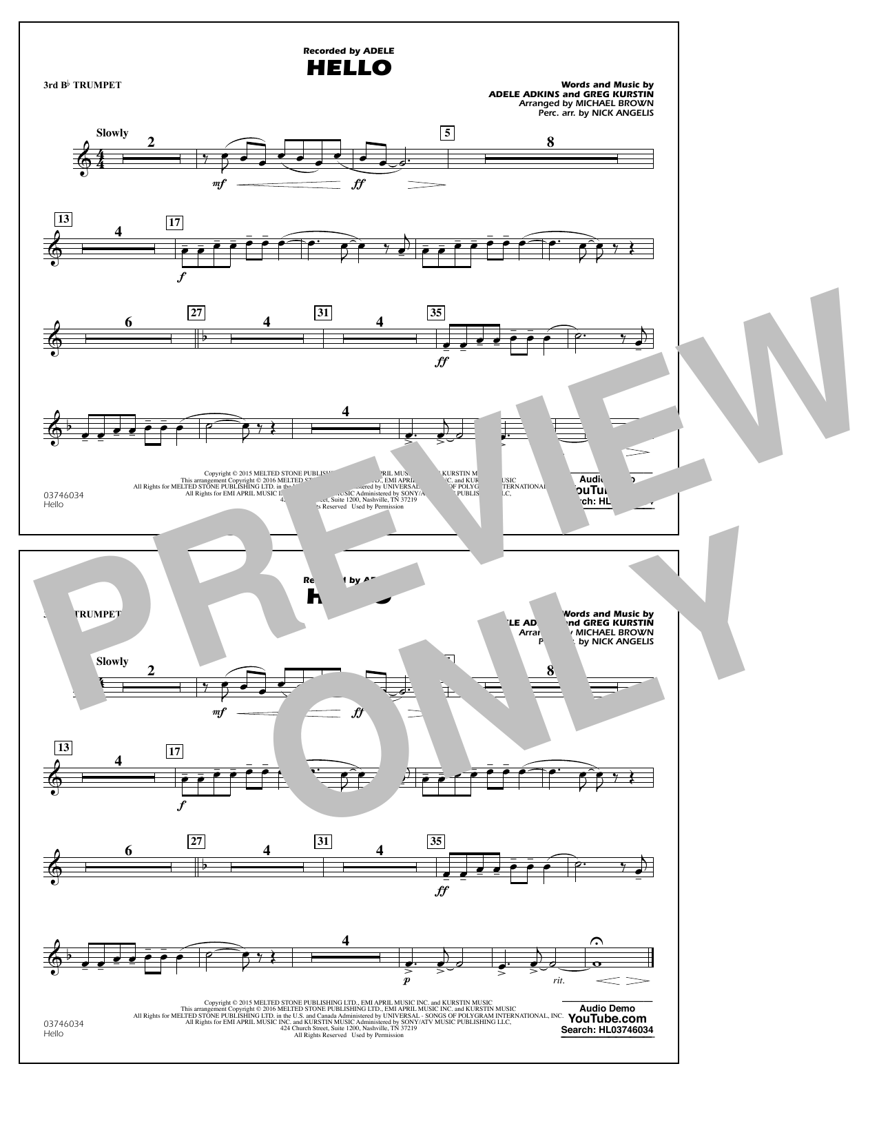 Michael Brown Hello - 3rd Bb Trumpet Sheet Music Notes & Chords for Marching Band - Download or Print PDF