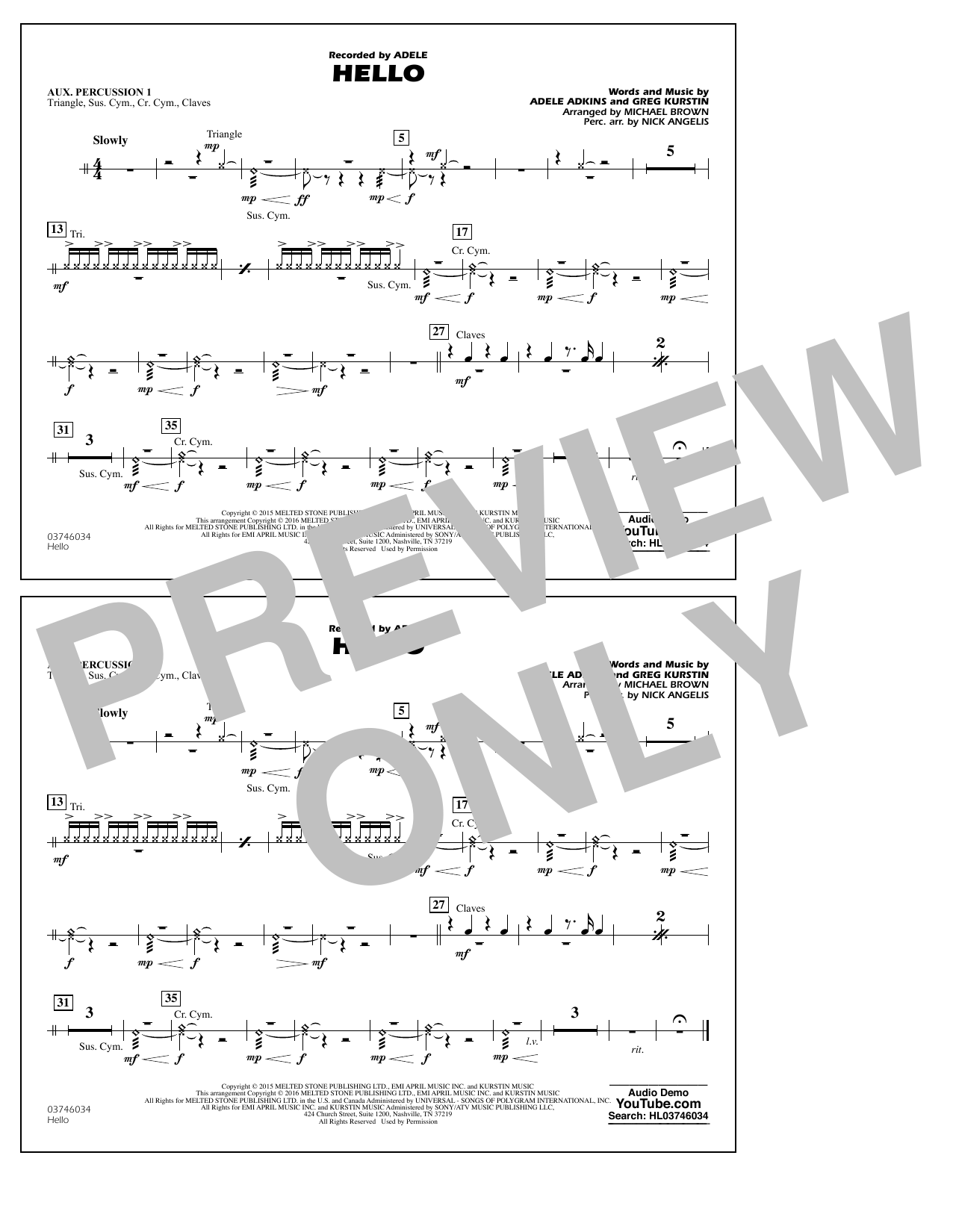 Michael Brown Hello - Aux. Percussion 1 Sheet Music Notes & Chords for Marching Band - Download or Print PDF