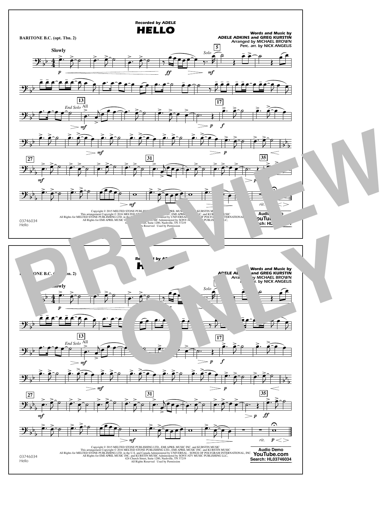 Michael Brown Hello - Baritone B.C. (Opt. Tbn. 2) Sheet Music Notes & Chords for Marching Band - Download or Print PDF